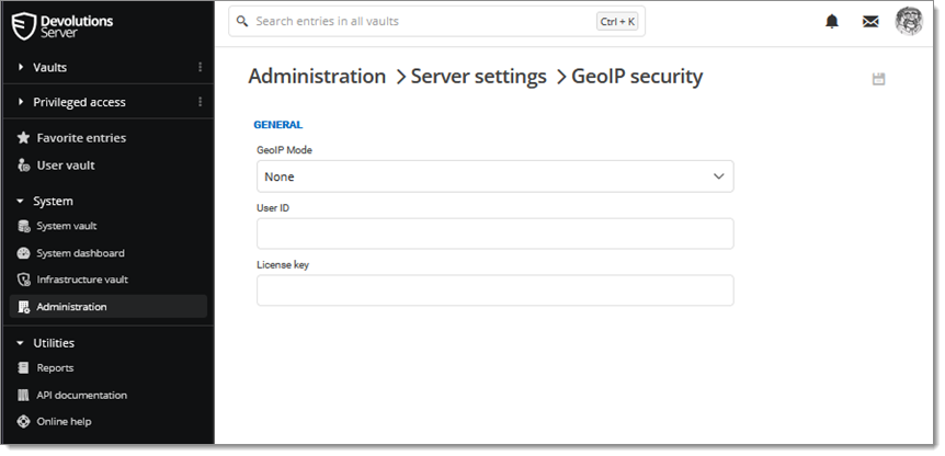 Administration – Settings – GeoIP Security