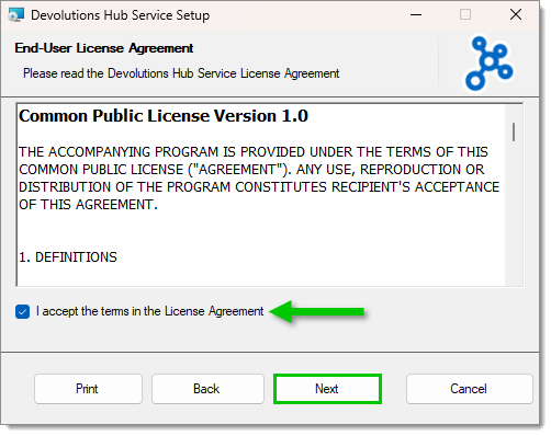 Accept the terms in the License Agreement