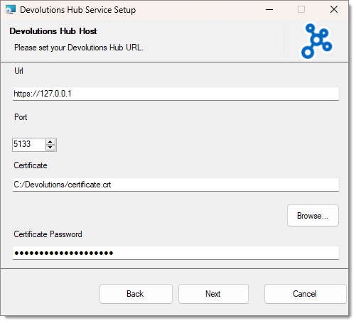 URL, port, and certificate