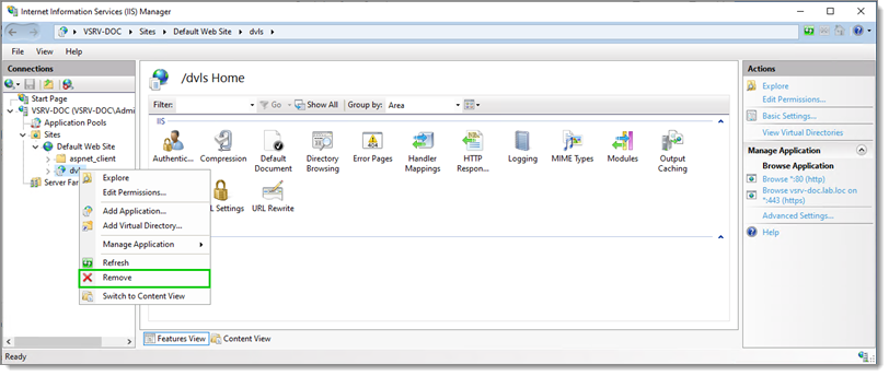 Remove the web application under Default Web Site