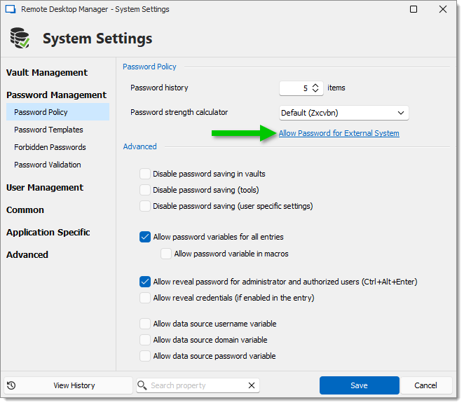 Password policy – Allow password for external system