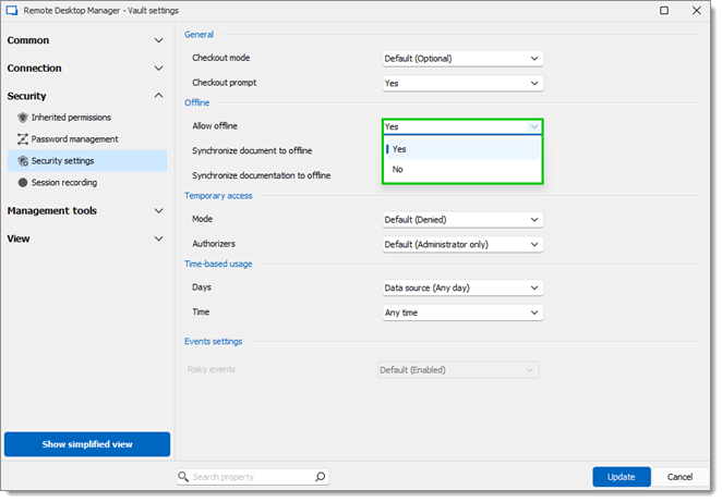 Administration – Vault Settings – Security Settings