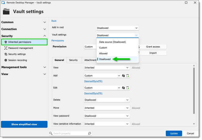 Disallow inherited permissions in Vault settings