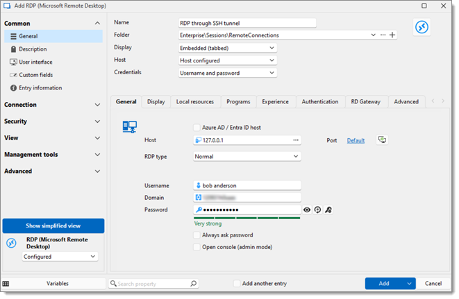 Create an RDP session entry