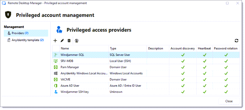 Privileged account management window in Remote Desktop Manager