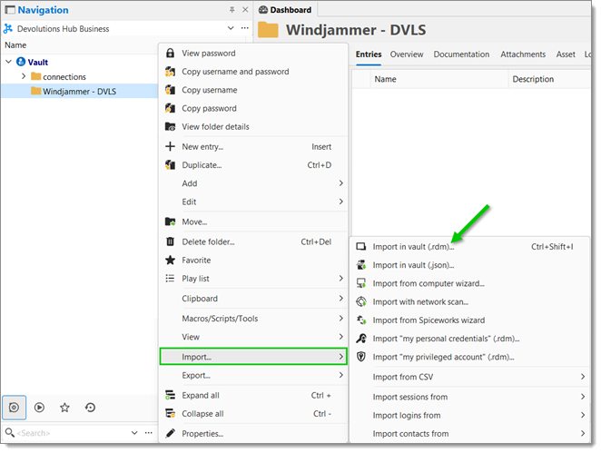 Import – Import in vault (.rdm)