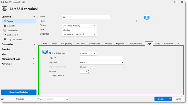 Check Enable Logging option and put the Verbose at number 2.
