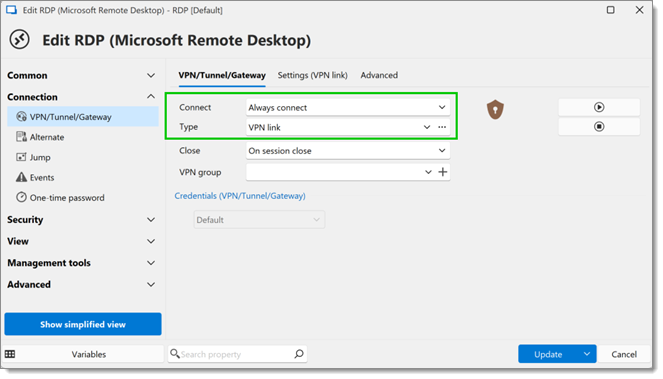 Select Always connect and VPN link