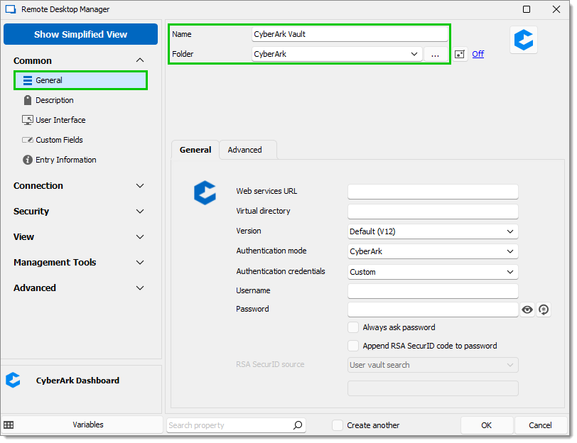 CyberArk Dashboard Properties – General – Name and Folder