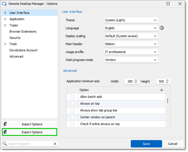 File – Settings – Export Options