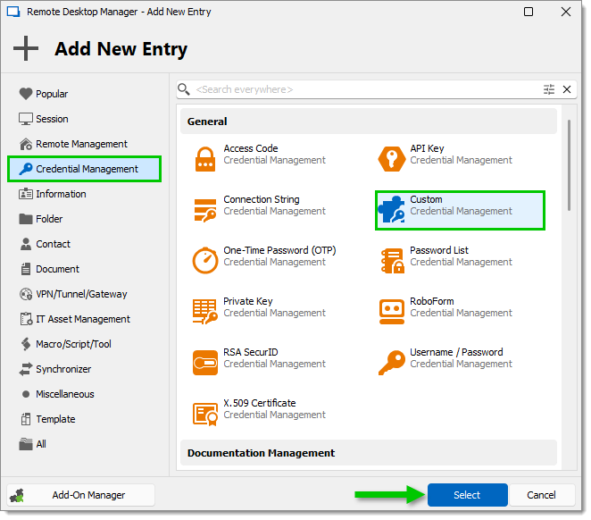 Create a Custom credentials entry