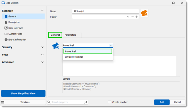 Set the drop-down menu to PowerShell
