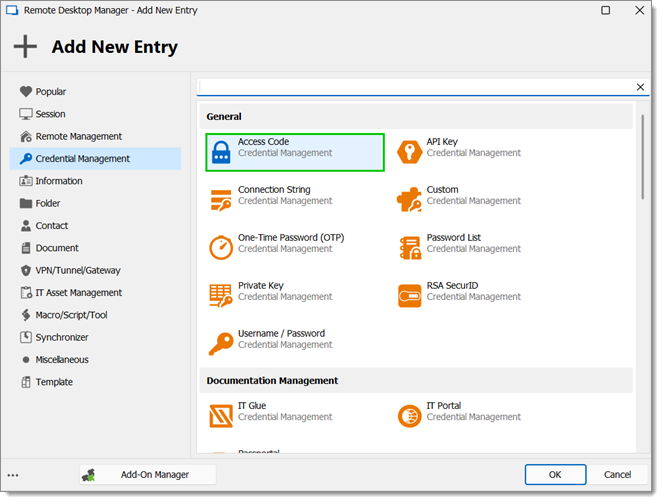 New Entry – Credential Management – General – Access code