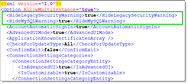 HideLegacySecurityWarning and HideMySQLWarning