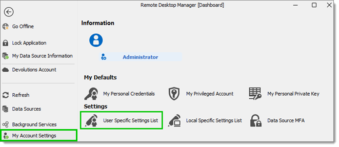 File - My Account Settings - Settings – User Specific Settings List