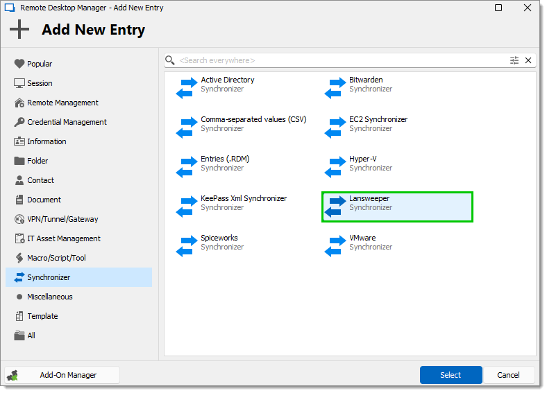 Add a new entry – Synchronizer – Lansweeper