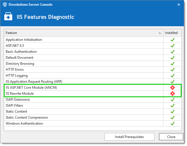 IIS features diagnostic