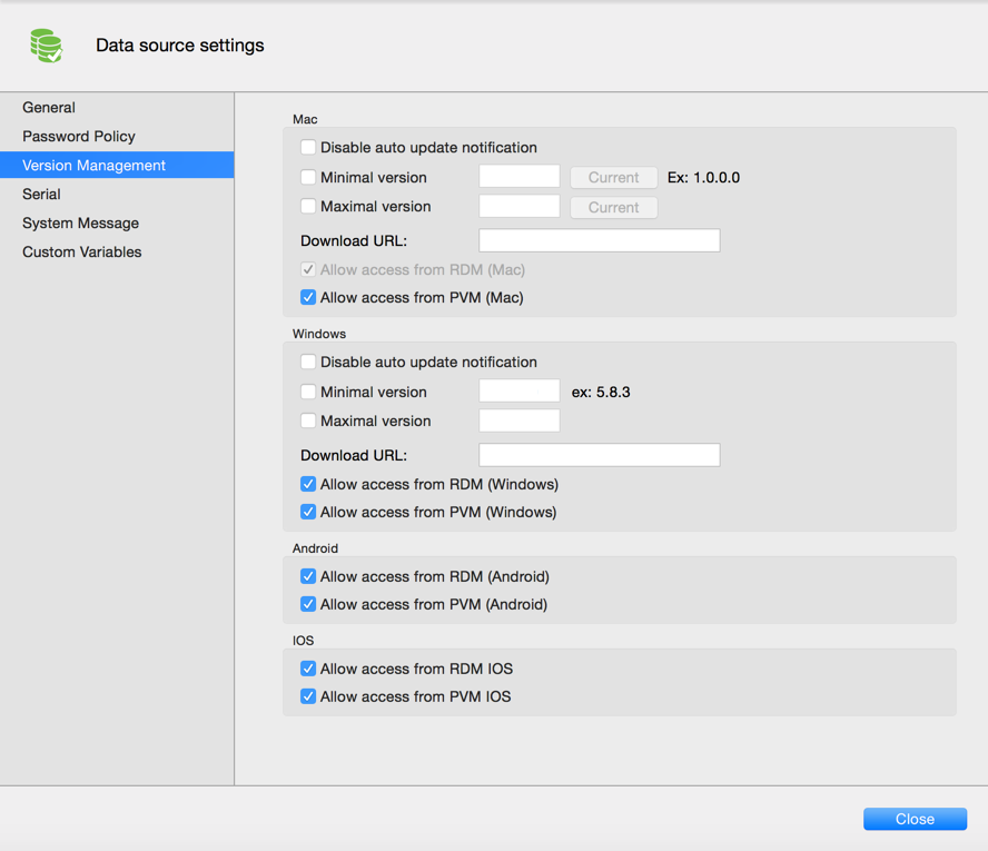 Version Management tab
