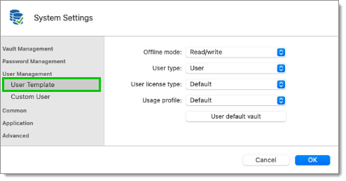 Administration – System settings – User management – User template