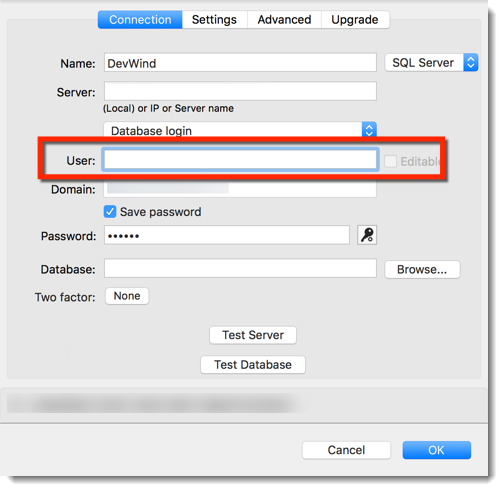 SQL Server – Connection tab – User