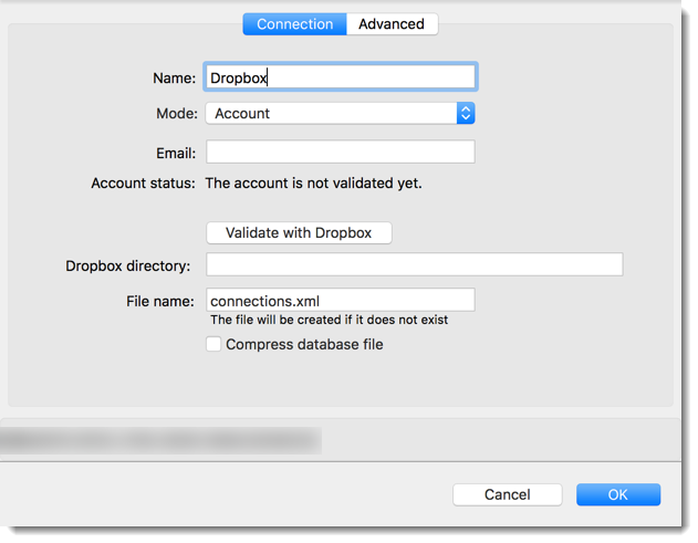 Dropbox - Connection tab
