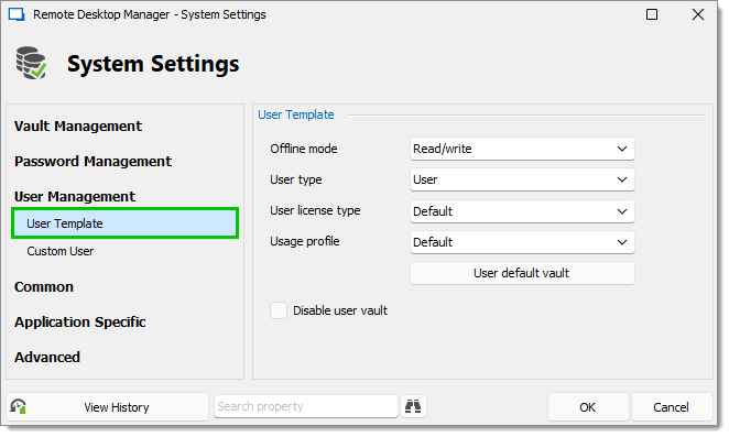 Administration – System settings – User management – User template