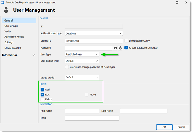 User Management – ServiceDesk – Restricted User
