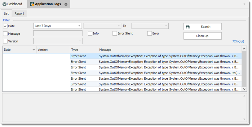 View application log dialog