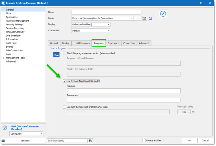 RDP session - Programs Tab