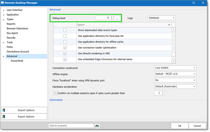 File – Settings – Advanced – Debug level